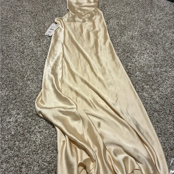 Zara Satin Halter Slip Dress in Champagne Gold - Picture 2 of 4